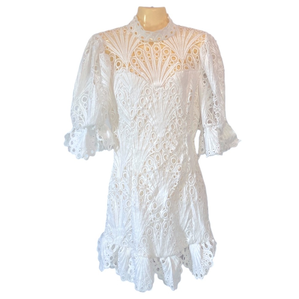 Fashion Nova Mini Dress Lace Puffed Sleeves Lined Bridal Romantic White Large
